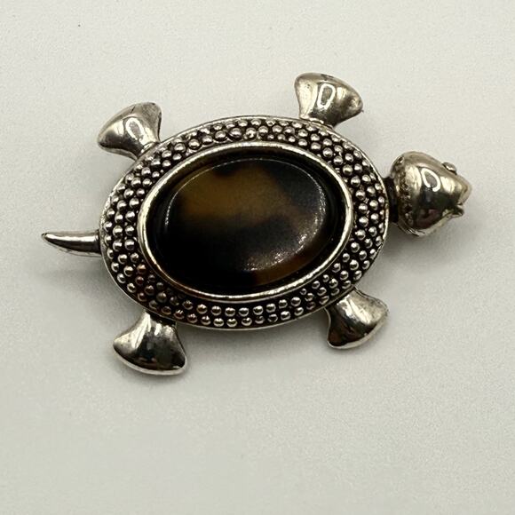 Vintage Lot of Two Turtle Brooch Pins Silver Tone Faux Tortoise Shell Gold Tone - Picture 2 of 8